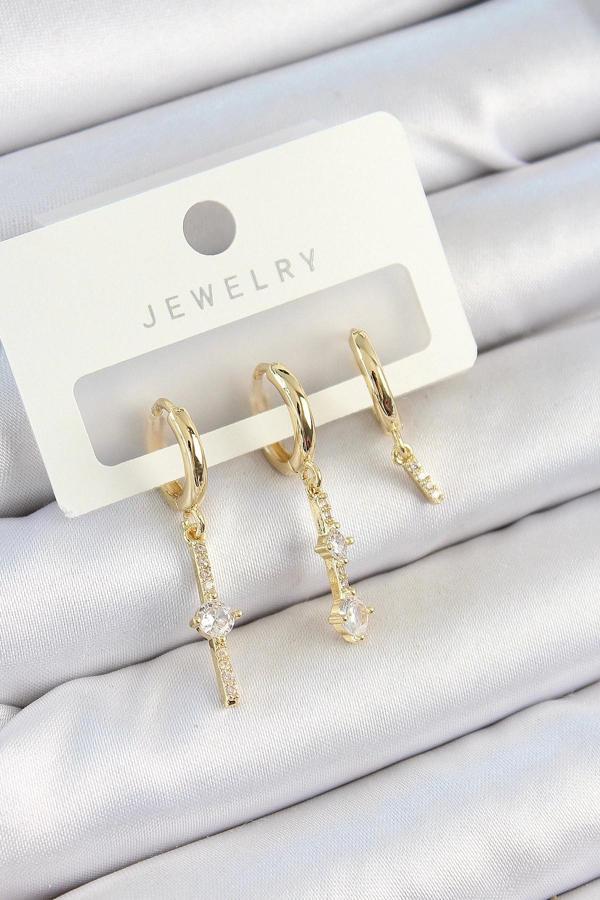 Pirinç Zirkon Taşlı Sallantılı Model Gold Renk 3'lü Çift Kadın Küpe Set - Image 1