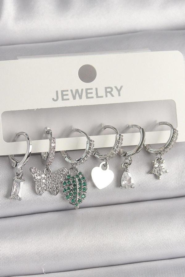 Pirinç Gümüş Renk Zirkon Taşlı Çoklu Figür Kadın Küpe Seti - Image 1