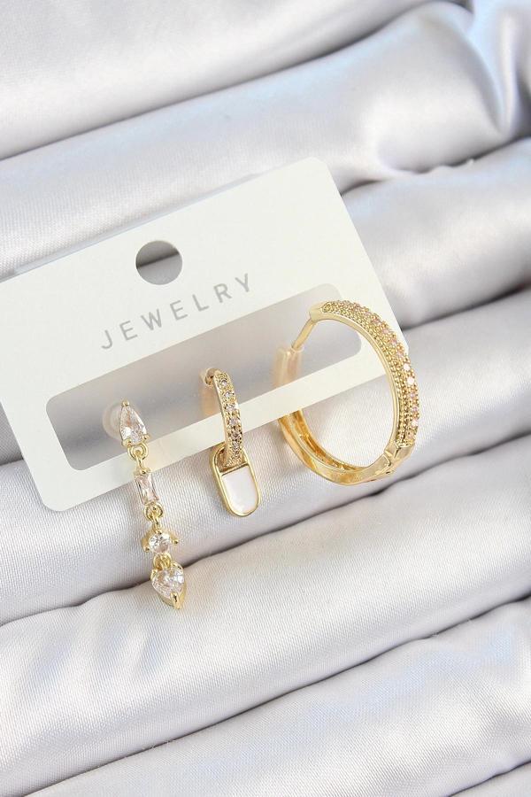 Pirinç Zirkon Taşlı Sallantılı Model Gold Renk 3'lü Çift Kadın Küpe Set - Image 1