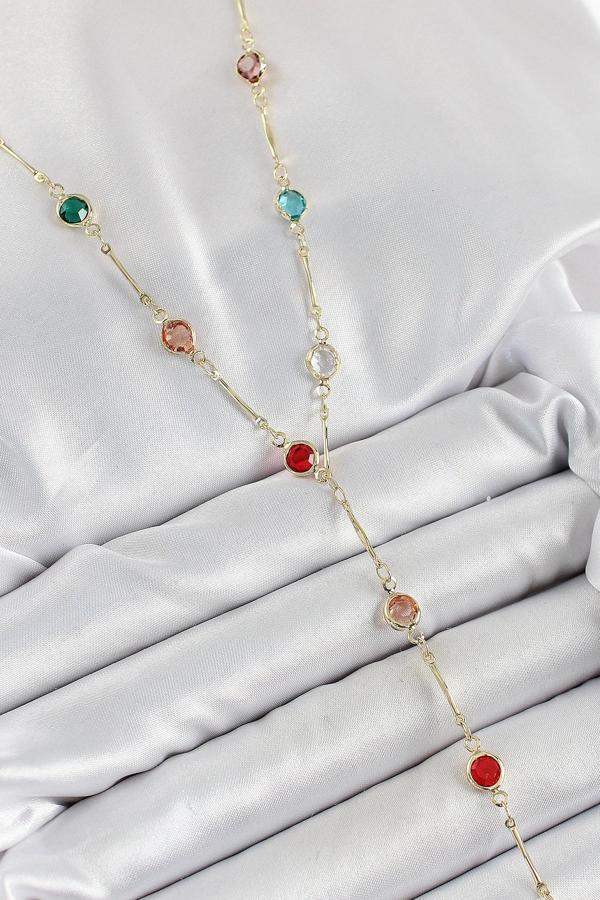Pirinç Asorti Model Gold Renk Zirkon Taşlı Y Kolye - Image 1