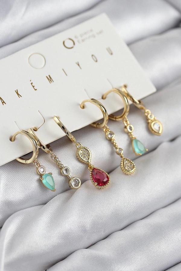 Pirinç Zirkon Taşlı Sallantılı Model Gold Renk 6'lı Küpe Set - Image 1