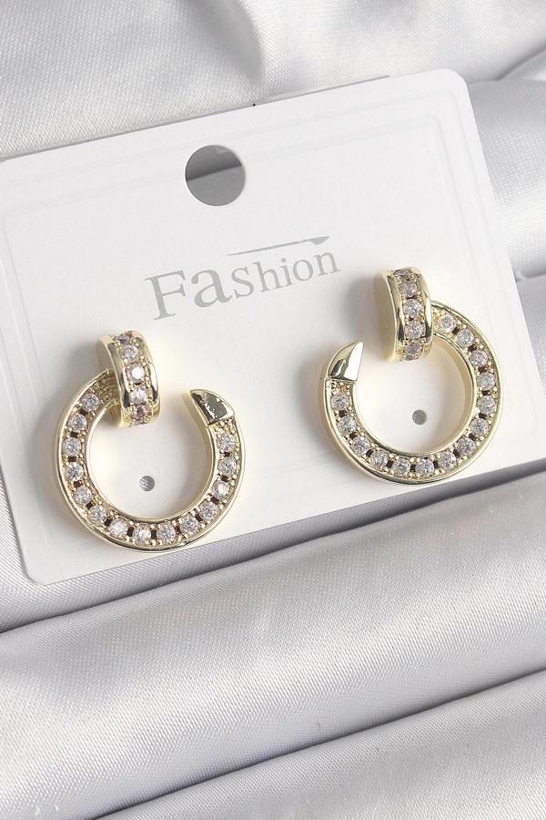 Pirinç Gold Renk Zirkon Taşlı Çivi Halka Model Kadın Küpe - Image 1