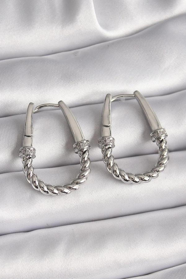 316L Çelik Gümüş Renk Zirkon Taş Detaylı Burma Halka Model Kadın Küpe - Image 1