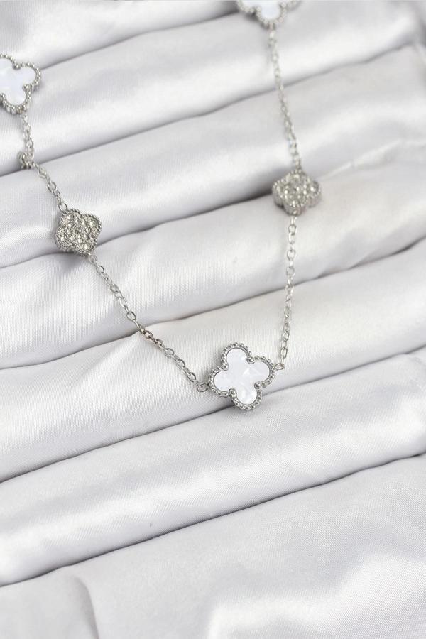 316L Çelik Zincir Gümüş Renk Beyaz ve Zirkon Taşlı Yonca Kadın Kolye - Image 1