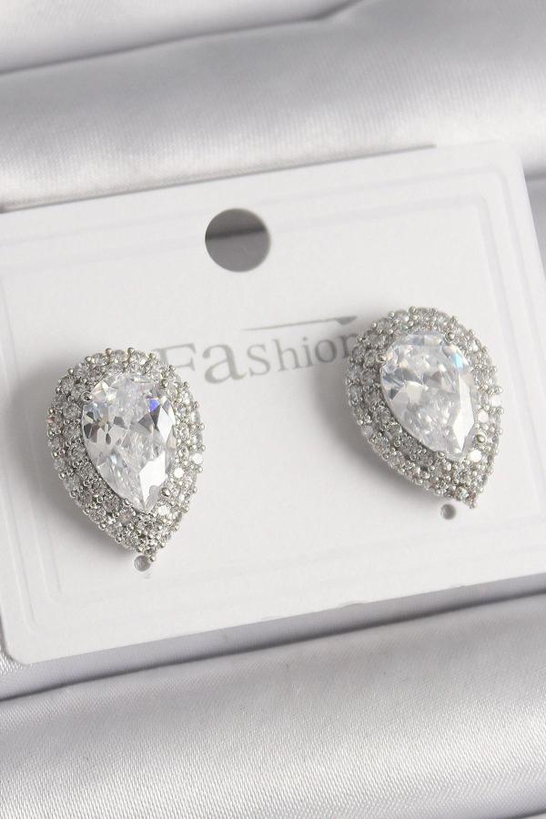 Pirinç Gümüş Renk Zirkon Taşlı Damla Model Kadın Küpe - Image 1