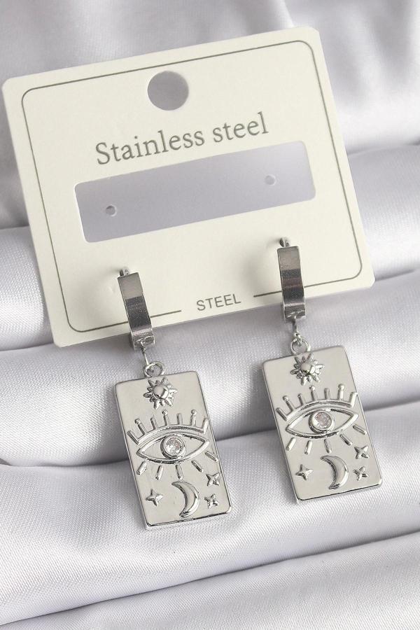 316L Çelik Gümüş Renk Zirkon Taşlı Göz İşleme Detaylı Plaka Model Kadın Küpe - Image 1