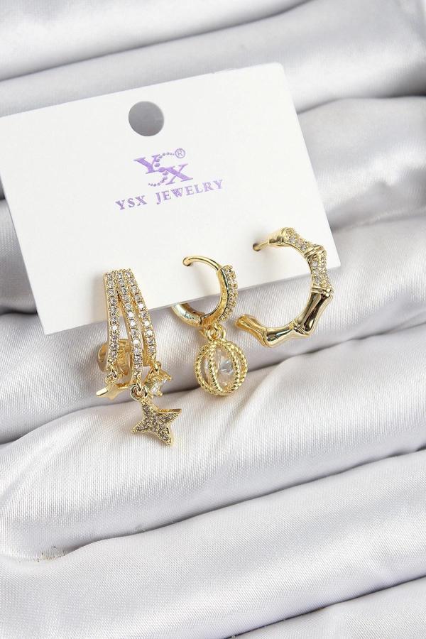 Pirinç Zİrkon Taşlı Sallantılı Yıldız Model Gold Renk 3'lü Kadın Küpe - Image 1