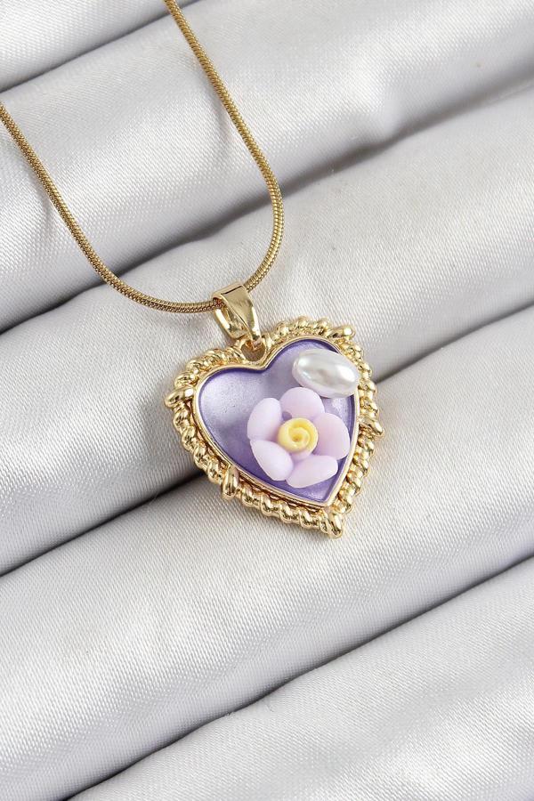 316L Çelik Zincir Mor Sanatsal Portre İnci Detaylı Papatya Figürlü Kalp Model Gold Renk Kadın Kolye - Image 1