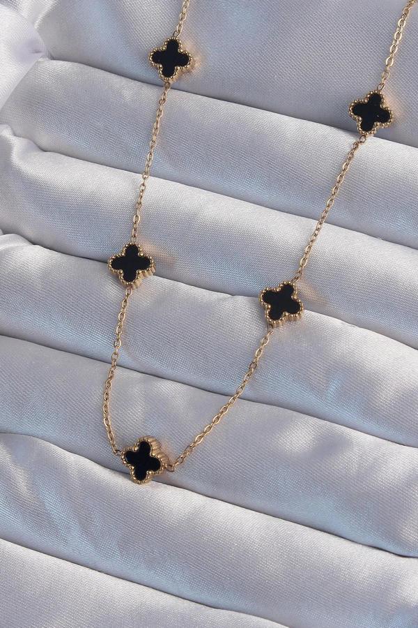 316L Çelik Gold Renk Minimal Siyah Mineli Yonca Kolye - Image 1
