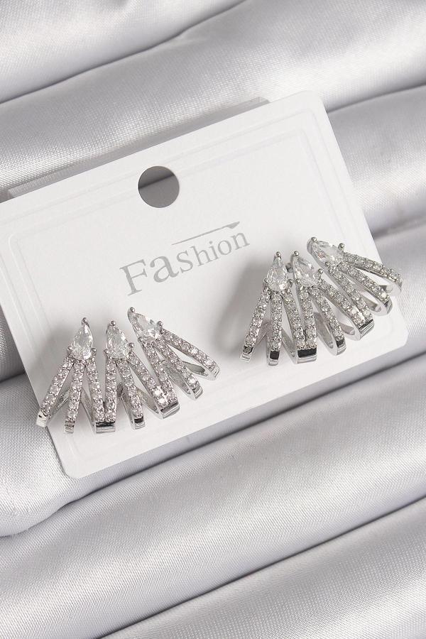 Pirinç Gümüş Renk Zirkon Taşlı Deniz Kabuğu Model Kadın Küpe - Image 1