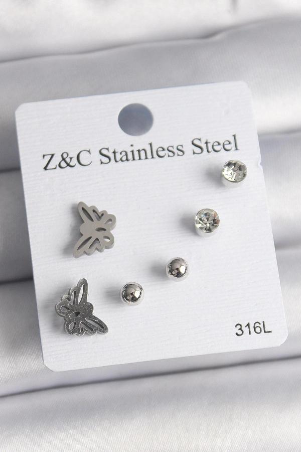 316L Çelik Gümüş Renk Zirkon Taşlı Kelebek Model Kadın Küpe Seti - Image 1