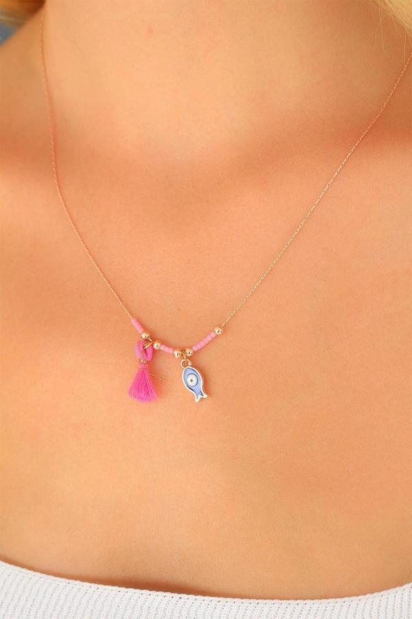 Nazar Boncuklu Pembe Renk Taşlı Rose Bayan Kolye - Image 1