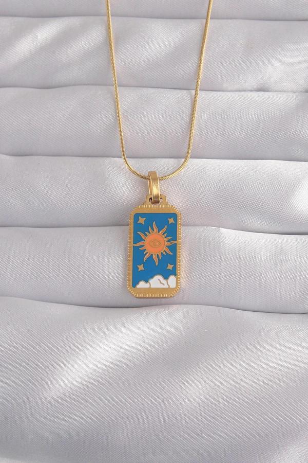 316L Çelik Gold Renk Mavi Mineli Güneş Model Tarot Kolye - Image 1