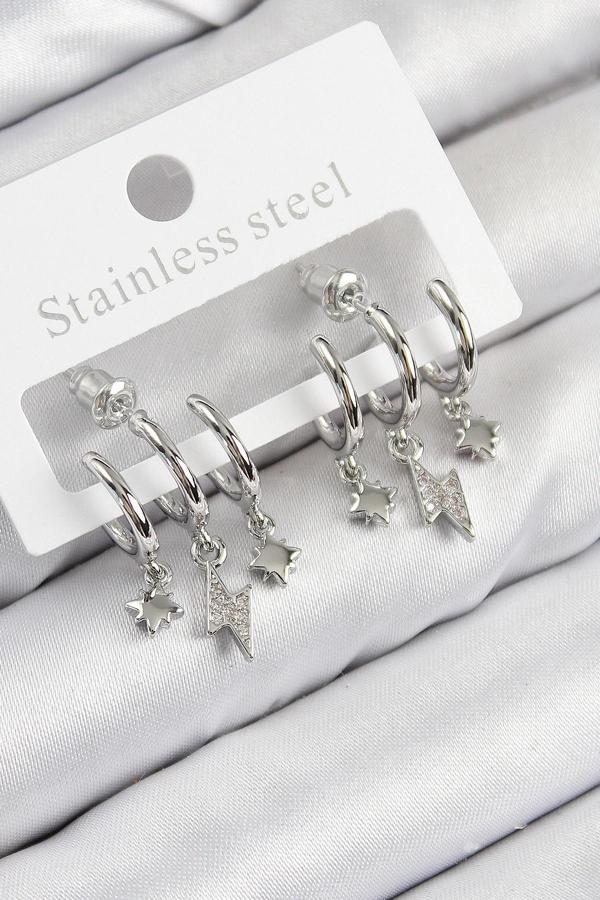 Pirinç Zirkon Taşlı Şimşek Model Gümüş Renk Kadın Küpe - Image 1