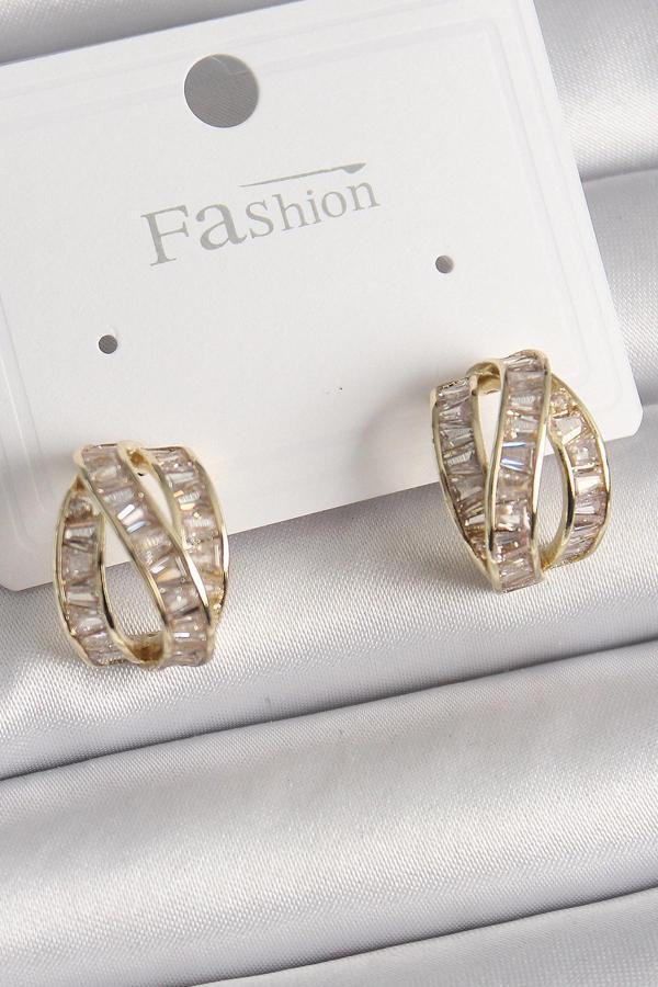 Pirinç Gold Renk Zirkon Taşlı Düğüm Halka Model Kadın Küpe - Image 1