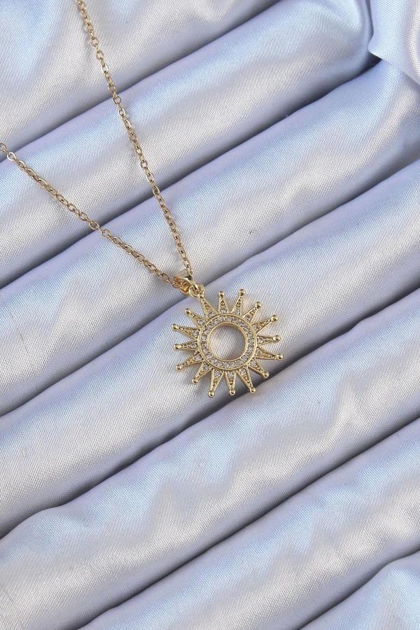 316L Çelik Zincir Altın Renk Zirkon Taşlı Parlayan Güneş Kolye - Image 1