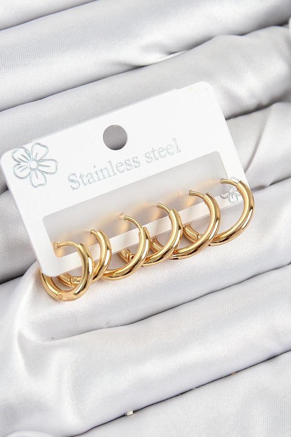 316L Çelik Halka Model Gold Renk 3'lü Set Kadın Küpe - Image 1