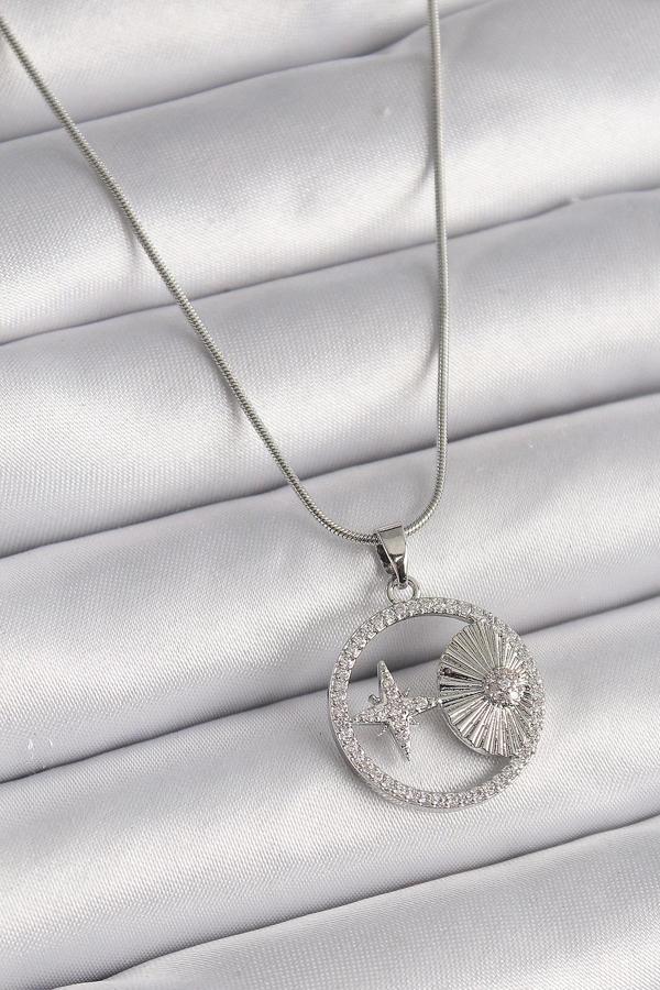 316L Çelik Gümüş Renk Zincir Zirkon Taşlı Yıldız Madalyon Model Kadın Kolye - Image 1