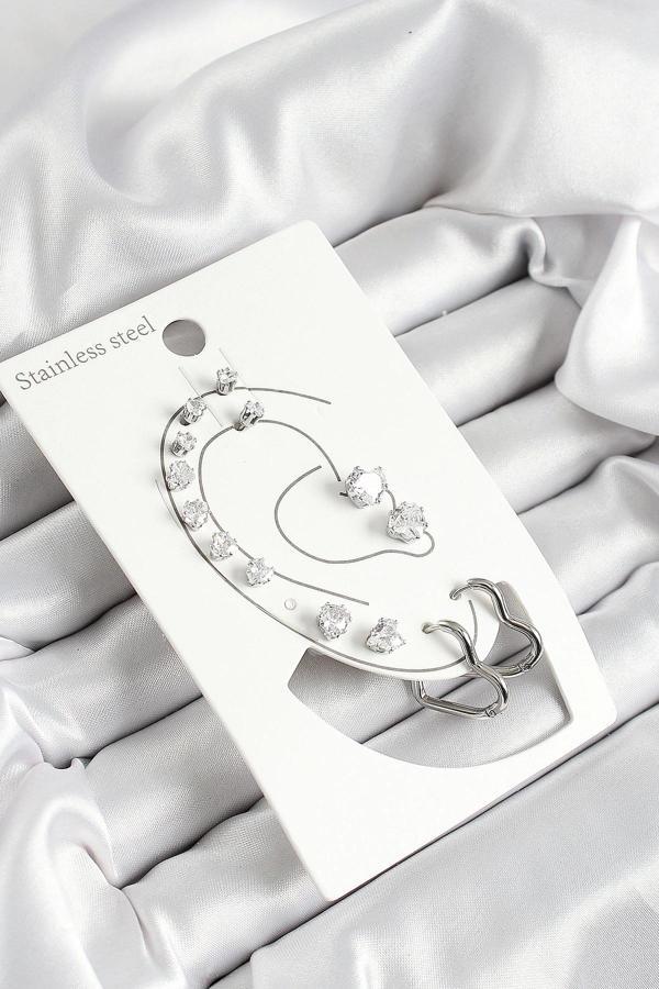 316L Çelik Kalp Figürlü Ve Zirkon Taşlı Gümüş Renk 7'li Çift Kadın Küpe Set - Image 1