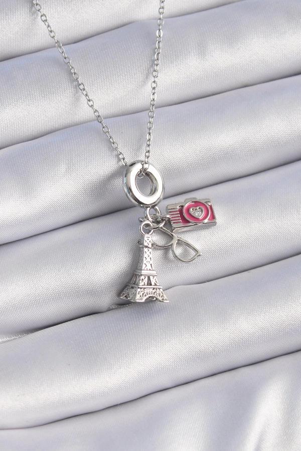 316L Çelik Gümüş Renk Eyfel Kule Fotoğraf Makinesi Model Charm Kadın Kolye - Image 1