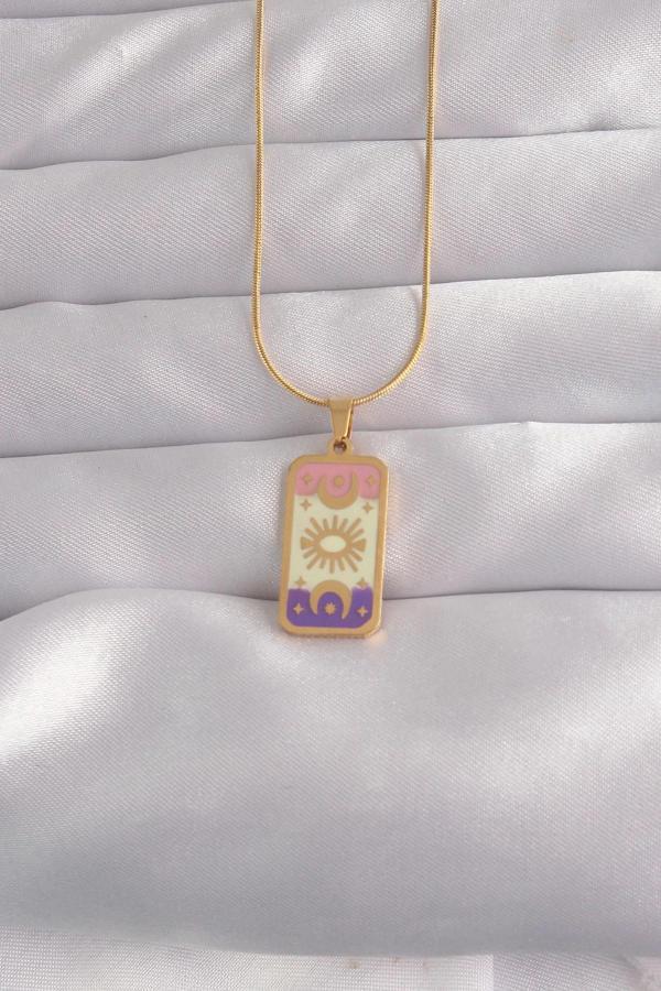 316L Çelik Gold Renk Karışık Mineli Ay Figür Tarot Kolye - Image 1