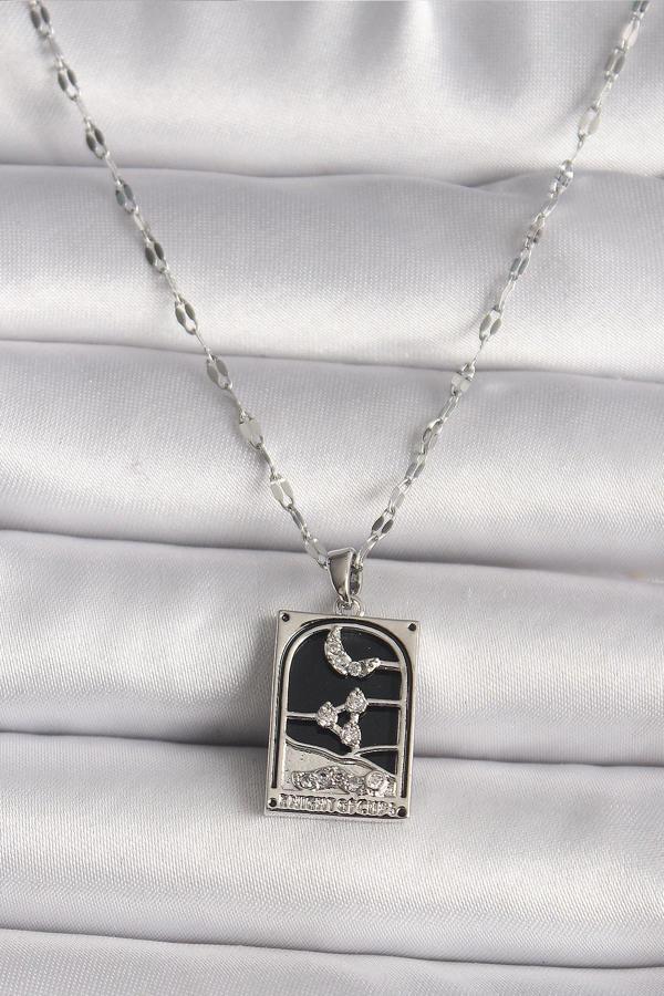 316L Çelik Gümüş Renk Zirkon Taşlı  Ay Figürlü Taror Model Kadın Kolye - Image 1