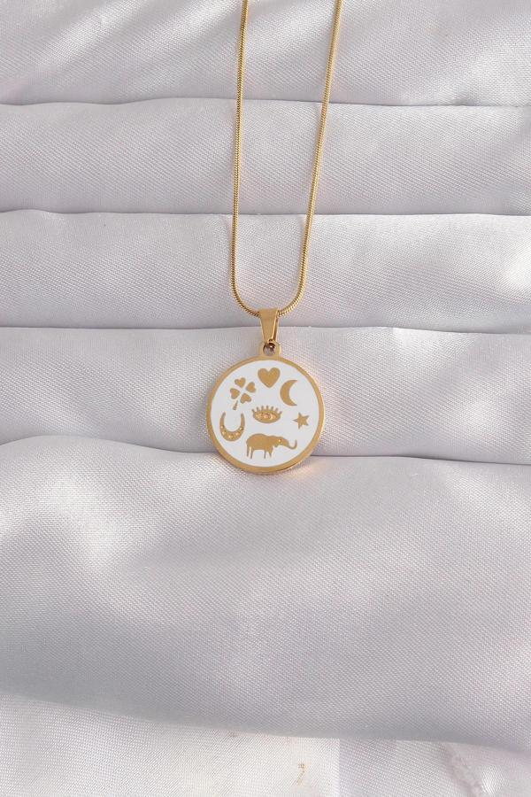 316L Çelik Gold Renk Beyaz Mineli Karışık Figürlü Tarot Kolye - Image 1