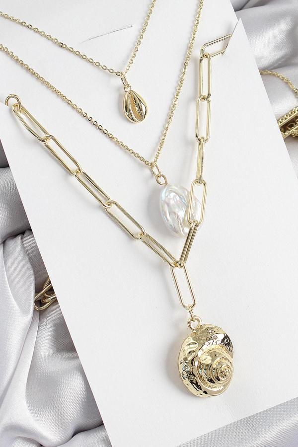 Pirinç Çoklu Zincirli İncili Deniz Kabuğu Model Gold Renk Kadın Kolye - Image 1