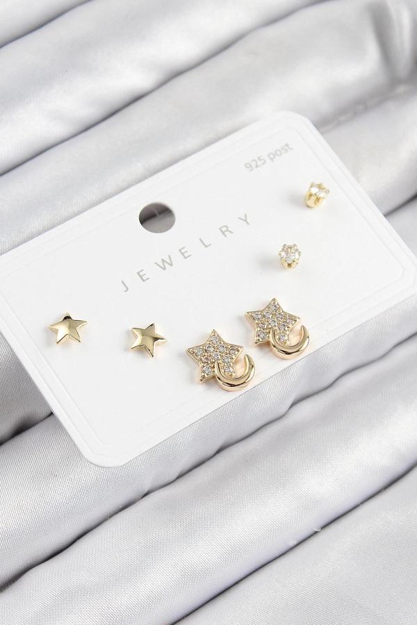 Pirinç Zirkon Taşlı Yıldız Model Gold Renk 925 Ayar Gümüş Çivi Kadın Küpe Set - Image 1
