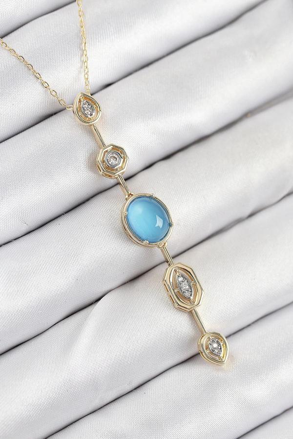 Pirinç Zincir Mavi Gold Renk Zirkon Taşlı Y Kolye - Image 1