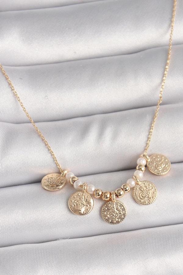 Pirinç Gold Renk 5'Li Osmanlı Tuğra Figür İnci Detay Kadın Kolye - Image 1