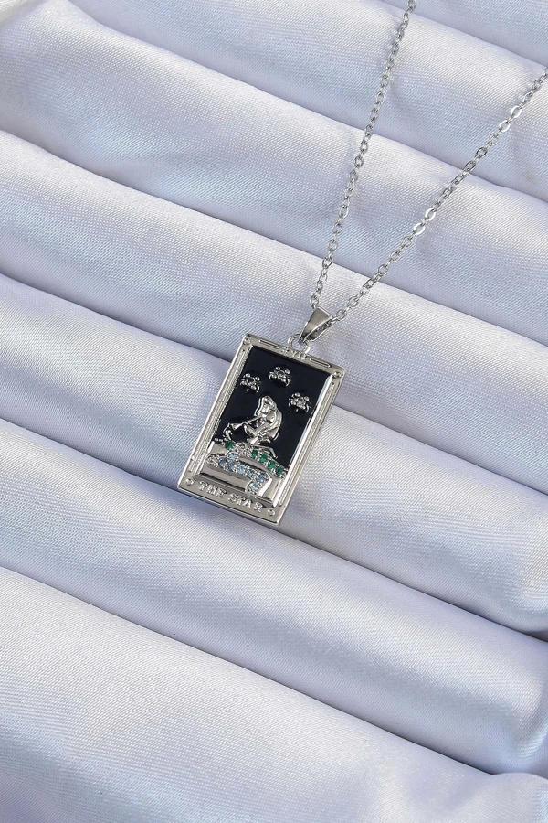 316L Çelik Zincir Gümüş Renk Zirkon Taşlı Siyah Mineli Kız Figürlü Tarot Kolye - Image 1
