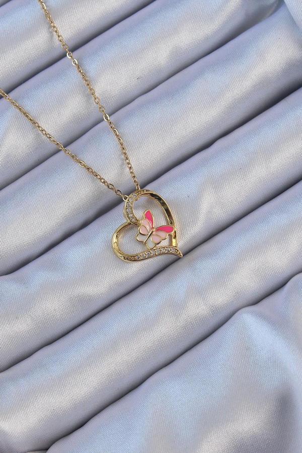 316L Çelik Zincir Altın Renk Mineli Kelebek Figür Zirkon Taşlı Kalp Kolye - Image 1