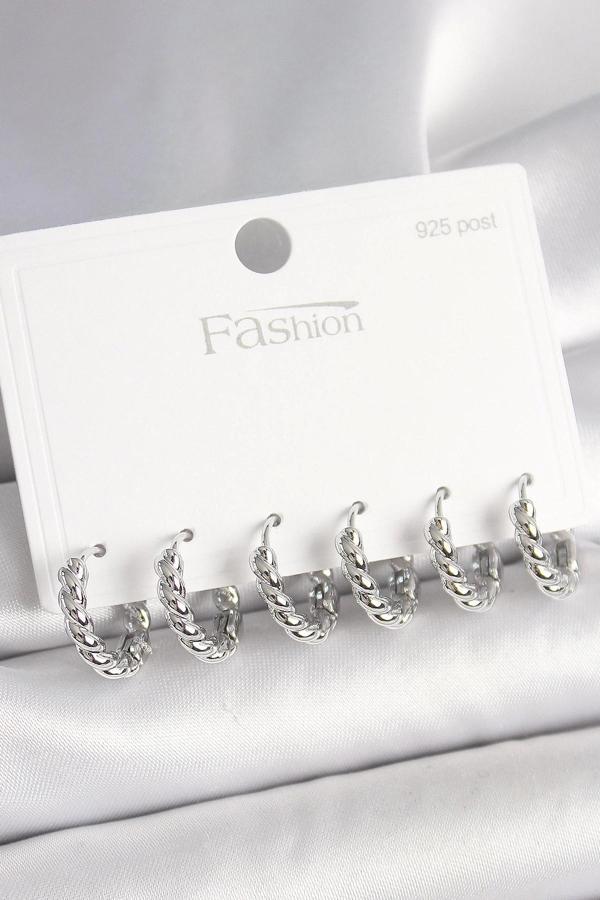 925 Ayar Gümüş Çivi Pirinç Gümüş Renk Sarmal Halka Model Kadın Küpe Seti - Image 1