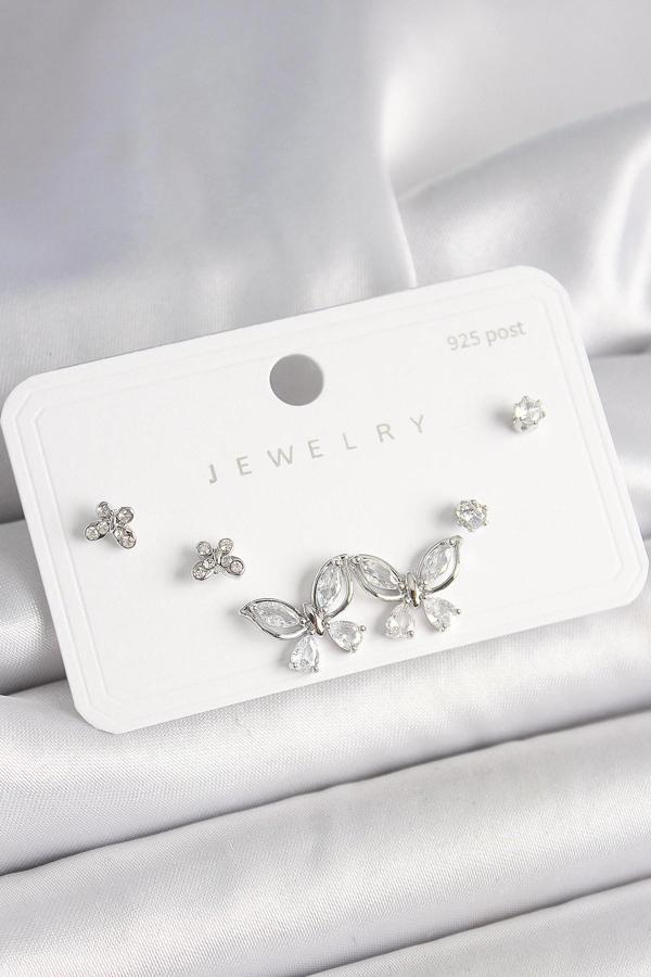 925 Ayar Gümüş Çivi Pirinç Gümüş Renk Zirkon Taşlı Kelebek Model Kadın Küpe Seti - Image 1