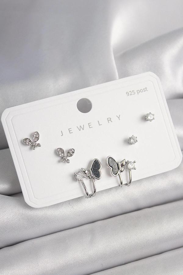 925 Ayar Gümüş Çivi Pirinç Gümüş Renk Zirkon Taşlı Kelebek Model Kadın Küpe Seti - Image 1