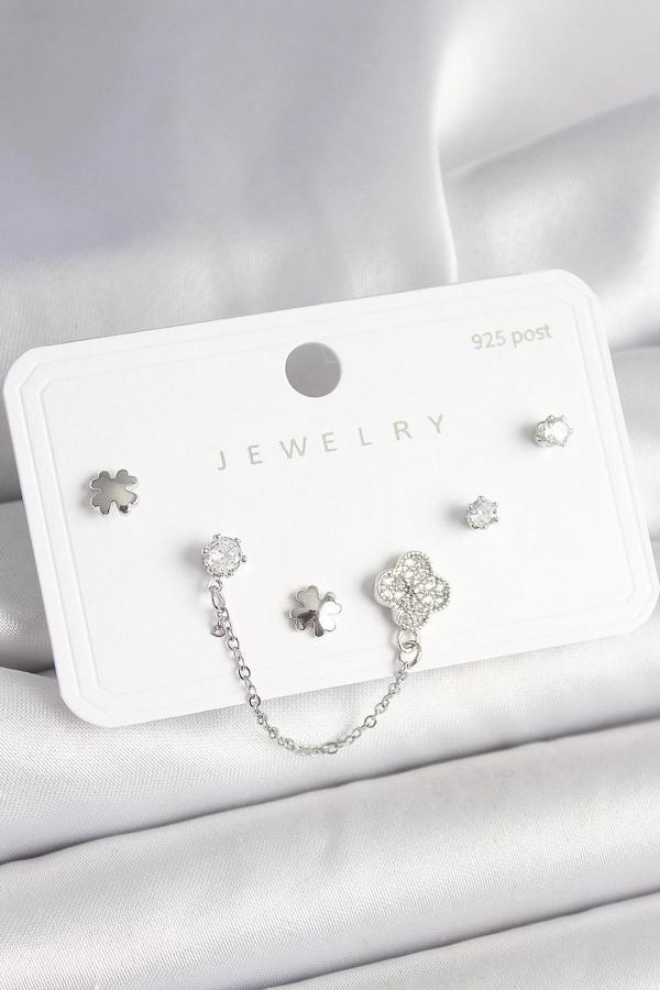 925 Ayar Gümüş Çivi Pirinç Gümüş Renk Zirkon Taşlı Yonca Model Sallantı Zincir Detay Kadın Küpe Seti - Image 1