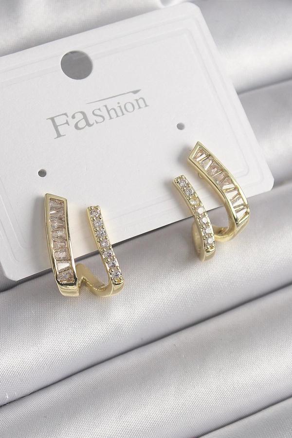 Pirinç Gold Renk Zirkon Taşlı Kadın Küpe - Image 1