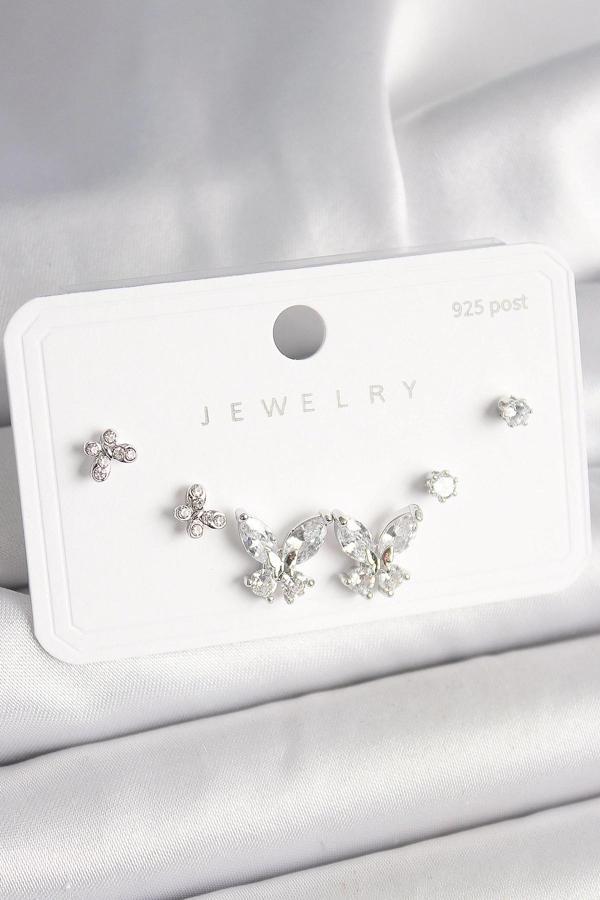 925 Ayar Gümüş Çivi Pirinç Zirkon Taşlı Kelebek Model Kadın Küpe Seti - Image 1