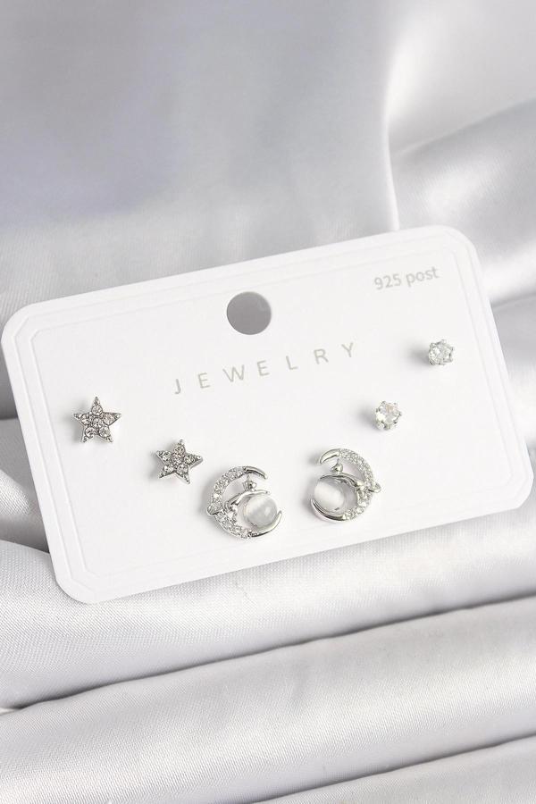 925 Ayar Gümüş Çivi Zirkon Taşlı Hilal Yıldız Model Kadın Küpe Seti - Image 1