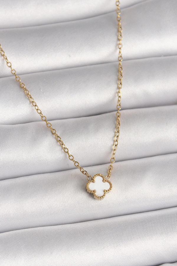 316L Çelik Gold Renk Beyaz Yonca Model Kadın Kolye - Image 1