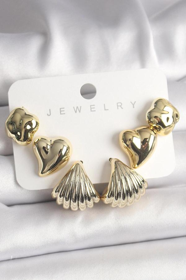 Gold Renk Yonca Kalp Deniz Kabuğu Figür CCB Kadın Küpe Seti - Image 1