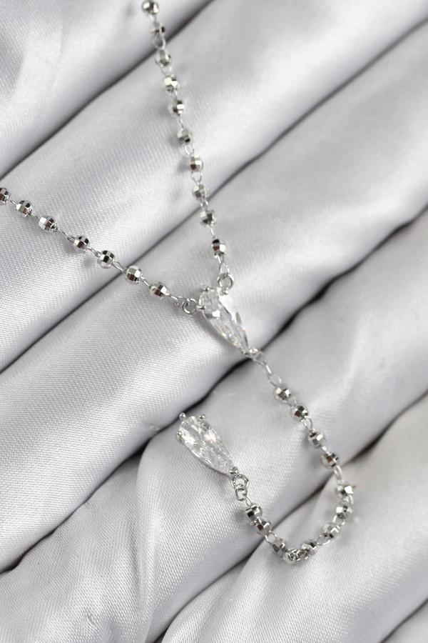 Pirinç Zirkon Taşlı Gümüş Renk Kadın Y Kolye - Image 1