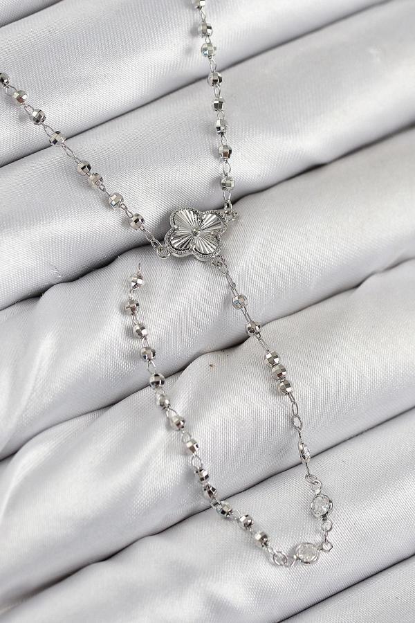 Pirinç Zirkon Taşlı Yonca Model Gümüş Renk Kadın Y Kolye - Image 1