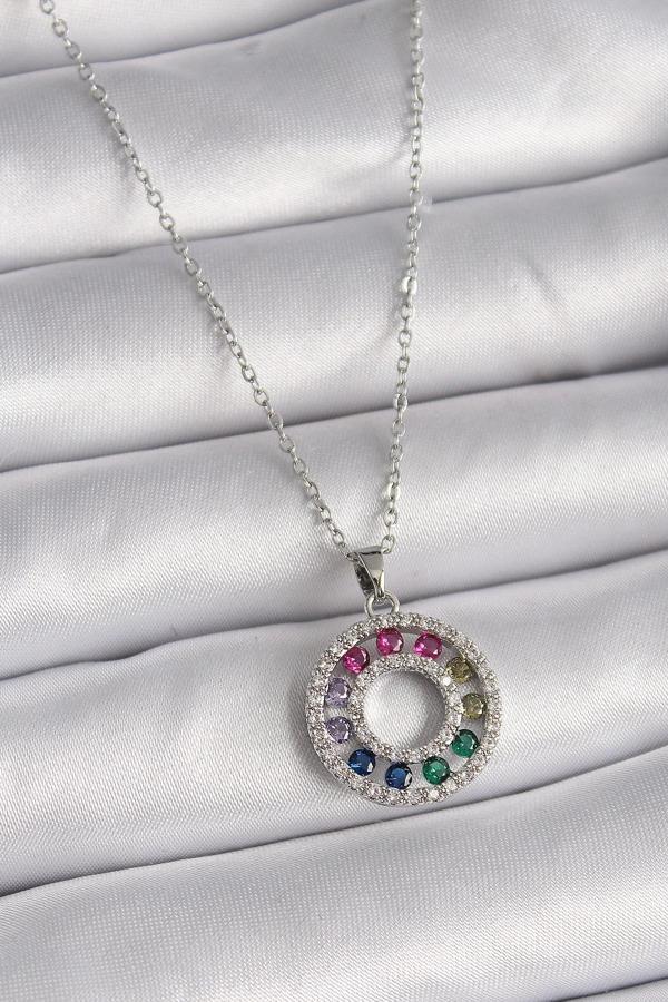 316L Çelik Gümüş Renk Zincir Renkli Zirkon Taşlı Madalyon Model Kadın Kolye - Image 1