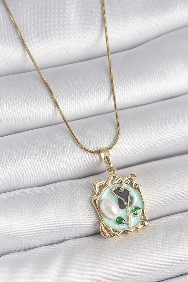 316L Çelik Gold Renk Zincir Mavi Mineli Çiçek İşlemeli İnci Detay Portre Model Kadın Kolye - Image 1