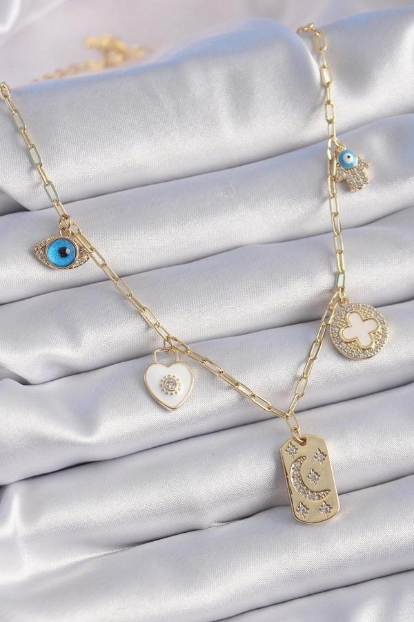 Gold Renk Zirkon Taşlı Çoklu Figür Model Şans Kolyesi - Image 1