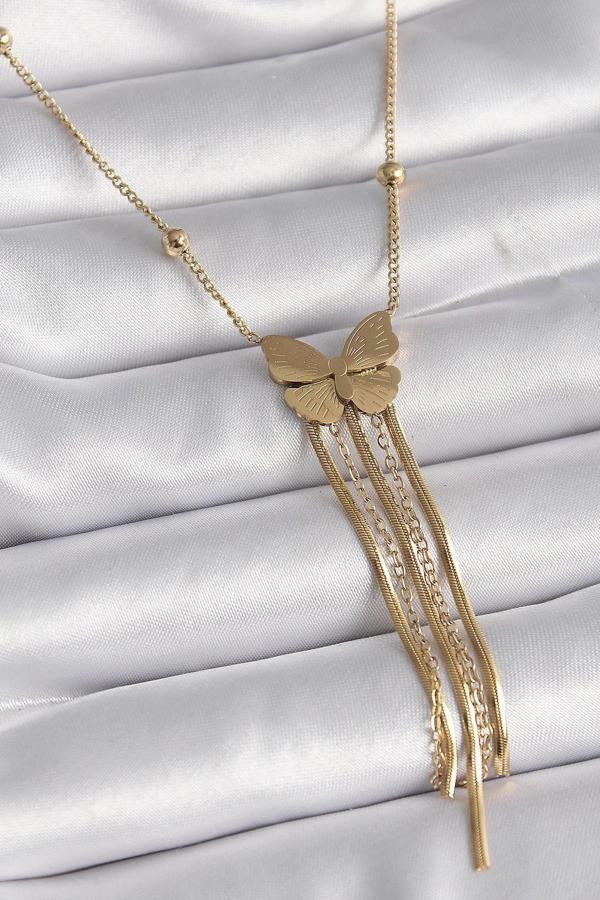316L Çelik Gold Renk Kelebek Figür Sallantı İtalyan Zincirli Kadın Kolye - Image 1
