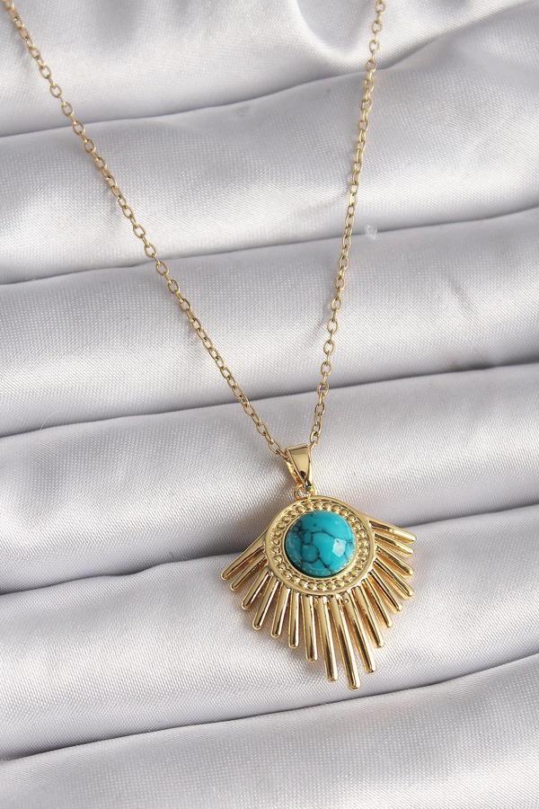 316L Çelik Gold Renk Zincir Mavi Boncuk Güneş Model Kadın Kolye - Image 1