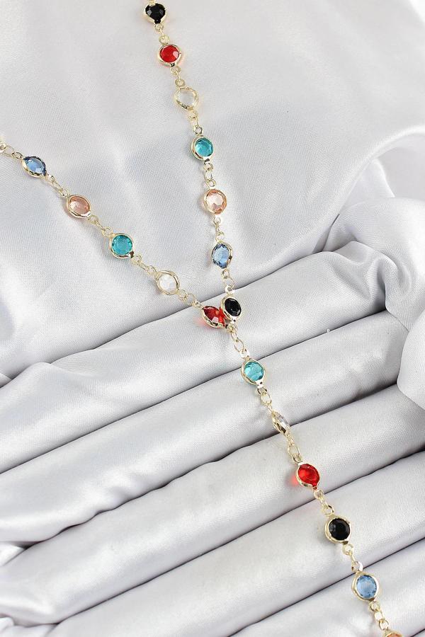 Pirinç Asorti Model Gold Renk Zirkon Taşlı Y Kolye - Image 1